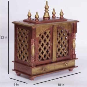 Handcrafted wooden closed door pooja mandir red gold dimensions 22 inch height 18 inch width 9 inch depth size chart lal devghar antique red home temple jodhpur wood JORD703COP