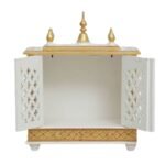 Beautiful wooden open gate mirror jaali pooja mandir white gold open darshan double mirror doors five gold kalash finials hand painted panels front view 22x18x9 inches jodhpur wood JORD703WG