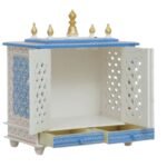 Beautiful wooden open gate jaali pooja mandir white blue gold side view 12 inch depth open jaali gates hand painted blue gold panels gold pillars base drawer jodhpur wood JORD703WB