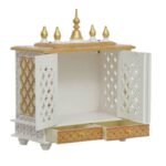 Beautiful wooden open gate mirror jaali pooja mandir white gold side view 9 inch depth open mirror doors hand painted white gold panels gold pillars base drawer jodhpur wood JORD703WG