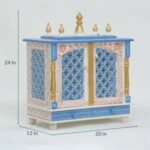 Beautiful wooden closed door jaali pooja mandir white blue gold side view closed gate dimensions 24 inch height 20 inch width 12 inch depth size chart neela devghar jodhpur wood JORD703WB