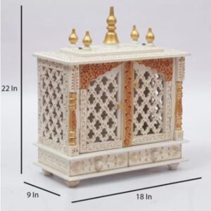 Handcrafted wooden closed door pooja mandir white gold dimensions 22 inch height 18 inch width 9 inch depth size chart jodhpur wood JORD703CG