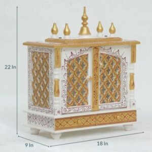 Beautiful wooden closed door mirror jaali pooja mandir white gold dimensions 22 inch height 18 inch width 9 inch depth size chart aaina devghar home temple jodhpur wood JORD703WG